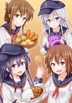  :&lt; :d akatsuki_(kantai_collection) anti_(untea9) blush brown_eyes brown_hair carrot commentary_request curry curry_rice fang flag folded_ponytail food gradient gradient_background hair_ornament hairclip hat hibiki_(kantai_collection) highres holding holding_plate ikazuchi_(kantai_collection) inazuma_(kantai_collection) japanese_flag kantai_collection long_hair looking_at_viewer mini_flag multiple_girls onion open_mouth plate potato purple_eyes rice rice_spoon silver_hair simple_background smile v-shaped_eyebrows 