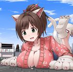  animal_ears breast_rest breasts brown_hair cat_ears cat_paws cat_tail city cleavage day fang giantess gloves green_eyes hair_ribbon highres idolmaster idolmaster_cinderella_girls japanese_clothes kimono large_breasts lying maekawa_miku multiple_tails open_clothes open_kimono open_mouth paw_gloves paw_shoes paws people ponytail ribbon shibuya_rin shoes sky solo_focus sweat tail terada_ochiko translated two_tails 