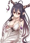  antenna_hair bandages black_gloves black_hair blood bloody_clothes breasts danua draph dress fingerless_gloves gloves granblue_fantasy harimoji highres horns large_breasts long_hair looking_at_viewer pointy_ears red_eyes simple_background solo thumb_sucking white_background white_dress 