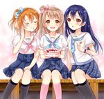  blue_eyes blue_hair bow brown_eyes brown_hair cake food hair_bow kousaka_honoka long_hair love_live! love_live!_school_idol_project minami_kotori multiple_girls one_side_up open_mouth sailor_collar sakura_hiyori short_hair smile sonoda_umi 