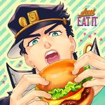  black_hair earrings food gakuran green_eyes hamburger hat holding holding_food jewelry jojo_no_kimyou_na_bouken kuujou_joutarou male_focus open_mouth outline school_uniform solo star striped striped_background urogi_aya 