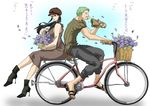  1girl back-to-back basket bicycle bicycle_basket black_footwear black_hair brown_dress cabbie_hat chikichiki_(robitema) dress eating flower flower_basket food from_side green_hair ground_vehicle hat high_heels holding holding_food long_hair looking_at_viewer looking_to_the_side nico_robin one_piece pants riding roronoa_zoro sandals sandwich shoes short_hair short_sleeves sitting sleeveless sleeveless_dress source_request translation_request 