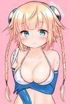  blonde_hair blue_eyes blue_gloves blush braid breast_lift breasts bun_cover elbow_gloves feathers gloves hair_feathers halter_top halterneck marshmallow_mille medium_breasts midriff pink_background puzzle_&amp;_dragons short_hair_with_long_locks smile solo sweat twin_braids twitter_username valkyrie_(p&amp;d) water_valkyrie_(p&amp;d) 