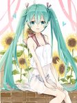  ahoge bad_id bad_pixiv_id flower green_eyes green_hair hatsune_miku long_hair looking_at_viewer see-through sitting solo sunflower tama_(05728) twintails very_long_hair vocaloid 