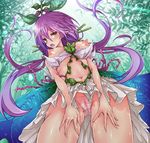  blush breasts dress forest from_below granblue_fantasy leaf leaf_on_head light_rays long_hair looking_at_viewer low_twintails medium_breasts mosu_(korikan) nature navel nipples open_mouth outdoors panties plant_girl pointy_ears purple_hair pussy pussy_juice see-through solo twintails underwear very_long_hair wet wet_clothes wet_panties yellow_eyes yggdrasil_(granblue_fantasy) 