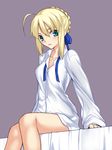  ahoge arm_support artoria_pendragon_(all) bed_sheet blonde_hair blue_eyes blush bottomless breasts buttons cleavage dress_shirt eyebrows eyebrows_visible_through_hair fate/stay_night fate_(series) hair_up highres looking_at_viewer medium_breasts on_bed saber shirt sitting sitting_on_bed skylader solo 