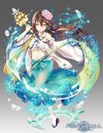  2014 aqua_eyes bell blue_skirt brown_hair detached_sleeves hair_ornament hair_tie jingle_bell kagura_suzu kaio_(watagami) long_hair midriff navel nontraditional_miko official_art ribbon-trimmed_sleeves ribbon_trim sandals skirt solo tenkuu_no_craft_fleet water_drop 