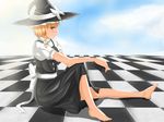  absurdres bad_id bad_pixiv_id blonde_hair blush checkered checkered_floor cloud day du_mogu hat highres kirisame_marisa looking_at_viewer mini-hakkero outstretched_leg profile short_hair sitting sky solo touhou witch_hat yellow_eyes 