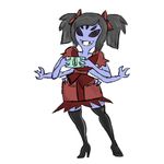  anthro arachnid arthropod black_eyes black_hair clothing daisyhead dress fangs grey_skin hair hair_bow hands_on_hips money monster muffet multi_limb multiple_eyes simple_background smile solo undertale white_background wide_hips 