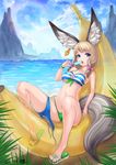  2015 animal_ear_fluff animal_ears banana_boat bangle bangs beach bikini bikini_around_one_leg blade_&amp;_soul blonde_hair blue_eyes bow bracelet breasts cloud dated day earrings eating food fox_ears fox_girl full_body green_bikini green_bikini_bottom hair_bow highres inflatable_toy jewelry knees_up layered_bikini leaning_back licking long_hair lyn_(blade_&amp;_soul) magatama magatama_earrings medium_breasts mhg_(hellma) mismatched_bikini mountain navel ocean on_banana open_mouth outdoors paws popsicle ribbon sandals side-tie_bikini signature single_earring sitting sky solo spread_legs star star-shaped_pupils striped striped_bikini_top sunlight swimsuit symbol-shaped_pupils tail twintails untied water 