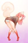  animal_ear_fluff animal_ears ass bent_over blade_&amp;_soul blush cardigan dog_ears from_behind full_body gradient gradient_background highres kneehighs kneepits knees_together_feet_apart legs long_hair looking_at_viewer looking_back lyn_(blade_&amp;_soul) ondo_(shinm02) open_mouth panties paws pink_eyes pink_hair school_uniform shoes skirt solo standing striped striped_panties tail underwear 