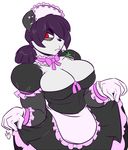  2015 anthro big_breasts black_fur black_hair blush breasts cleavage clothed clothing ear_piercing fur gogo hair hair_over_eye industrial_piercing maid_uniform nintendo pangoro pcaduck piercing pok&eacute;mon red_eyes simple_background solo video_games white_background white_fur 