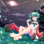  antennae barefoot blush cape choko_(cup) cup dutch_angle feet full_body full_moon gourd green_eyes green_hair highres killing looking_up moon night night_sky open_mouth shirt short_hair shorts sitting sky sleeveless smile solo touhou wriggle_nightbug 