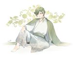  alternate_costume arm_support barefoot bird eyes_visible_through_hair full_body green_eyes green_hair hair_over_one_eye japanese_clothes kimono looking_at_viewer male_focus mizuhara_aki object_namesake sitting solo touken_ranbu uguisumaru white_background 