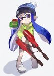  beanie bike_shorts blue_eyes blue_hair blush coat domino_mask double_barrels dual_squelcher_(splatoon) full_body gun hat holding ink_tank_(splatoon) inkling long_hair looking_at_viewer mask pointy_ears shoes sketch smile solo soto splatoon_(series) splatoon_1 standing tentacle_hair weapon white_background 