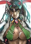  blue_eyes breasts brown_hair cleavage dark_skin facial_mark huge_breasts jewelry kishibekishibe long_hair mitra_(sennen_sensou_aigis) sennen_sensou_aigis solo tattoo tribal_tattoo upper_body 