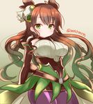  bare_shoulders belt braid breasts brown_hair choker covered_nipples elbow_gloves gloves green_eyes large_breasts marshmallow_mille pantyhose puzzle_&amp;_dragons solo twitter_username underbust valkyrie_(p&amp;d) wavy_hair wood_valkyrie_(p&amp;d) 