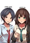  bad_id bad_pixiv_id bangs black_hair brown_hair cardigan character_name erere green_eyes hayami_kanade holding_hands idolmaster idolmaster_cinderella_girls long_hair multiple_girls necktie parted_bangs school_uniform shibuya_rin short_hair smile yellow_eyes 