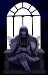  blue_eyes blue_hair cat_tail chair cup dress frederica_bernkastel frown full_body long_hair ribbon sitting solo tail tail_ribbon teacup umineko_no_naku_koro_ni vise_(artist) window 