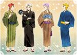  bad_id bad_pixiv_id bag blonde_hair blue_eyes dotted_line fan folding_fan full_body japanese_clothes jojo_no_kimyou_na_bouken kakyouin_noriaki kimono male_focus moru multiple_boys multiple_persona outline paper_fan purple_eyes purple_hair red_eyes red_hair sandals star striped striped_background translation_request uchiwa white_hair yellow_eyes 