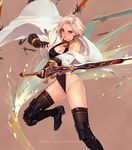  bad_id bad_pixiv_id bare_shoulders black_footwear black_legwear black_leotard blush boots breasts brown_background cape cleavage company_name dungeon_and_fighter earrings female_slayer_(dungeon_and_fighter) fighting_stance fingerless_gloves gloves happening18 high_heel_boots high_heels holding holding_sword holding_weapon jewelry knee_pads large_breasts leotard lips looking_at_viewer outstretched_arm pubic_hair pubic_hair_peek red_eyes short_hair solo sword sword_master_(dungeon_and_fighter) thighhighs third-party_edit thong_leotard watermark weapon white_hair 
