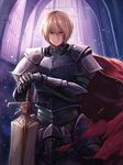  arch armor bangs blonde_hair breastplate brown_eyes cape chain_chronicle cowboy_shot facial_scar faulds gauntlets hand_on_hilt heterochromia indoors light_particles looking_at_viewer male_focus ouka_(ra-raradan) red_eyes scar shoulder_armor solo spaulders sword tattoo weapon 