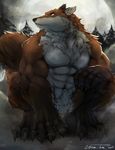  2015 abs anthro biceps big_muscles black_fur black_nose brown_fur canine cinnatree claws crouching fox fur green_eyes looking_away male mammal moon muscular muscular_male neck_tuft nude outside pecs pinetree pose solo tuft white_fur 