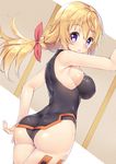  armpits ass bangs bare_arms bare_shoulders blonde_hair blush breasts charlotte_dunois floating_hair from_behind frown hair_ribbon hand_up infinite_stratos large_breasts leotard long_hair looking_at_viewer looking_back low_ponytail pilot_suit ponytail purple_eyes ribbon sideboob skin_tight solo thighhighs very_long_hair yappen 