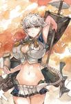  1girl arm_up braid breasts cloud_print highres kantai_collection large_breasts long_hair machinery mecha_musume midriff miniskirt navel parted_lips shikigami short_sleeves silver_hair single_braid skirt solo thighhighs traditional_media unryuu_(kantai_collection) very_long_hair wavy_hair yellow_eyes zettai_ryouiki 