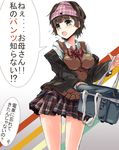  bag bow bow_panties breasts brown_eyes brown_hair flying_sweatdrops highres keychain medium_breasts object_on_head off_shoulder open_mouth original panties panties_on_head plaid plaid_panties plaid_skirt pleated_skirt satchel school_uniform short_hair skirt solo sweater_vest taki_(takimon) tears translated underwear 