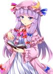 :o blush book bow crescent crescent_hair_ornament dress e.o. hair_bow hair_ornament hat highres long_hair looking_at_viewer mob_cap patchouli_knowledge purple_eyes purple_hair reading solo touhou very_long_hair 