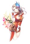  blade_&amp;_soul breasts brown_eyes brown_hair character_request cleavage cm detached_sleeves dress hair_ornament large_breasts long_hair short_dress solo 