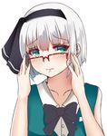  bad_id bad_pixiv_id bespectacled black_hairband blush full-face_blush glasses green_eyes hairband konpaku_youmu no_nose puririn red-framed_eyewear shirt short_hair silver_hair simple_background sleeveless solo touhou upper_body vest white_background 