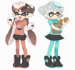  2girls aori_(splatoon) bag black_hair blush_stickers bracelet bread brown_eyes closed_eyes earrings eating fang food food_on_face food_on_head green_legwear holding hotaru_(splatoon) jewelry legwear_under_shorts long_hair miniskirt mole mole_under_eye multiple_girls object_on_head onigiri open_mouth orange_legwear pantyhose pantyhose_under_shorts paper_bag pointy_ears polka_dot polka_dot_background puffy_shorts rice rice_on_face shirt shoes short_hair short_shorts shorts sketch skirt smile soto splatoon_(series) splatoon_1 t-shirt white_hair 