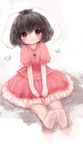  :o animal_ears bad_id bad_pixiv_id barefoot black_hair brown_eyes bunny_ears bunny_tail carrot_necklace dress dutch_angle faux_traditional_media frilled_skirt frills full_body inaba_tewi layered_dress looking_at_viewer maccha_cocoa_(mococo) pink_dress puffy_short_sleeves puffy_sleeves short_hair short_sleeves simple_background sitting skirt solo tail touhou white_background 