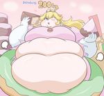  1girl belly blonde_hair blue_eyes blush cake crown danboyzz eating fat_princess food gloves obese princess_peach super_mario_bros. torn_clothes 