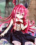  alternate_costume bat_wings blurry blush dutch_angle field flower flower_field frilled_skirt frills head_wings karakuri_neko_(tkfm) koakuma long_hair long_sleeves meme_attire petticoat pointy_ears red_eyes red_hair rose shirt sitting skirt smile solo touhou virgin_killer_outfit wings 