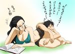  1girl black_hair book breasts chikichiki_(robitema) drooling glasses lap_pillow large_breasts long_hair monkey_d_luffy nico_robin one_piece reading short_hair translation_request 