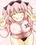  arakawa_tarou blush bow breasts buruma closed_eyes commentary_request double_v grin hair_bow hibari_(senran_kagura) jacket large_breasts pink_hair senran_kagura senran_kagura_shoujo-tachi_no_shin'ei short_hair short_twintails smile solo track_jacket twintails v 