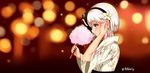  bad_id bad_pixiv_id black_hairband blurry blush cotton_candy eating floral_print flower green_eyes hair_flower hair_ornament hairband japanese_clothes kimono konpaku_youmu long_sleeves profile puririn short_hair silver_hair solo touhou twitter_username wide_sleeves yukata 