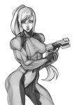  bodysuit djok3 greyscale gun handgun long_hair metroid monochrome muscle muscular_female pistol samus_aran solo weapon zero_suit 