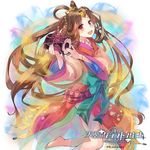  :d barefoot bracelet brown_hair copyright_name drum hair_ornament hair_rings instrument jewelry long_hair multicolored multicolored_clothes naruse_chisato open_mouth red_eyes smile solo tenkuu_no_craft_fleet tsuzumi watermark 