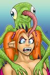  2012 blue_background blue_eyes breasts censored curtsibling derp derp_eyes digital_media_(artwork) duo eyebrows eyelashes green_skin hair human lizard make-up mammal nude parody ponytail reptile scalie simple_background spikes teeth tongue tongue_out watermark white_sclera 