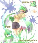  bike_shorts bomb commentary_request domino_mask fang green_hair gun headphones highres holding ink inkling jumping long_hair looking_at_viewer mask namanama navel open_mouth paint_splatter red_eyes shirt shoes short_shorts shorts smile sneakers splat_bomb_(splatoon) splatoon_(series) splatoon_1 splattershot_jr_(splatoon) squid t-shirt tentacle_hair throwing translated water_gun weapon 