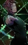  bad_id bad_pixiv_id dark earrings gakuran glowing hierophant_green jewelry jojo_no_kimyou_na_bouken kakyouin_noriaki male_focus moru petals pointing pointing_at_viewer purple_eyes red_hair scar scar_across_eye school_uniform solo stand_(jojo) 