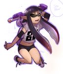  88_(mike_nesbitt) ;) black_hair blush cosplay domino_mask elbow_pads english fangs flat_chest highres ink_tank_(splatoon) inkling jumping mask midriff mike_nesbitt monster_girl navel one_eye_closed original pointy_ears purple_eyes shirt shoes short_shorts shorts smile sneakers solo speech_bubble splatoon_(series) splatoon_1 splattershot_(splatoon) super_soaker t-shirt tentacle_hair 