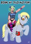  2012 black_eyes blonde_hair blue_background bracelet clothed clothing curtsibling cutie_mark derp derp_eyes derpy_hooves_(mlp) digital_media_(artwork) drooling duo english_text equine eyebrows eyelashes friendship_is_magic fur green_hair grey_fur hair half-dressed hitler_salute horse human iron_cross jewelry legwear mammal my_little_pony nazi necklace parody pegaslut pegasus pony saddle saliva schutzstaffel shirt simple_background ss stockings swastika teeth text tongue underwear watermark white_sclera wings yellow_eyes 