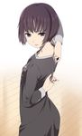  arm_behind_back bangs black_eyes black_hair bob_cut breasts collarbone dress from_side long_sleeves looking_away looking_back mattaku_mousuke open_mouth original short_hair small_breasts solo standing zipper zipping 