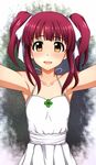  bad_id bad_pixiv_id blush breasts brown_eyes clover dress four-leaf_clover highres idolmaster idolmaster_cinderella_girls kenken looking_at_viewer ogata_chieri open_mouth pov red_hair shine!! sleeveless small_breasts smile solo twintails 