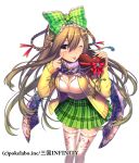  1girl ;p bow box braid breasts checkered checkered_bow cleavage coat dress_shirt eyebrows_visible_through_hair floral_print frilled_bow frills fuji_minako green_bow hair_between_eyes hair_ornament hair_ribbon hairclip heart-shaped_box holding_bow leaning_forward looking_at_viewer medium_breasts miniskirt one_eye_closed open_clothes open_coat pink_legwear pleated_skirt print_legwear red_eyes red_ribbon ribbon sangoku_infinity shiny shiny_hair shirt simple_background skirt solo standing thighhighs tongue tongue_out white_background white_shirt yellow_coat zettai_ryouiki 